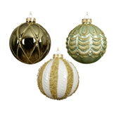 Decoris Glass Bauble with Gold Glitter 10cm - Green/White (3 Assorted)